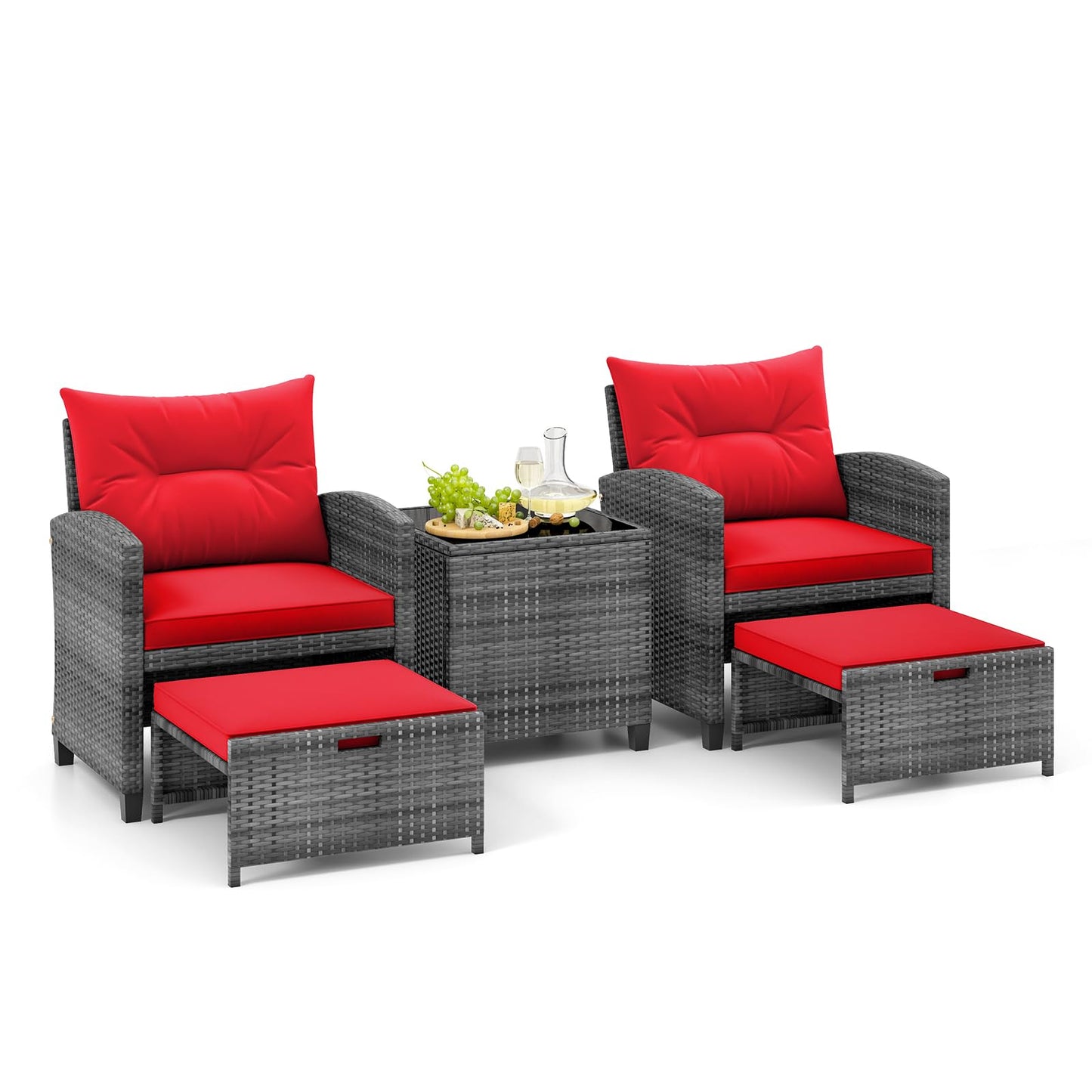 Tangkula 5 Piece Patio Rattan Furniture, Wicker Cushioned Chairs Set w/ 2 Ottomans & Tempered Glass Coffee Table