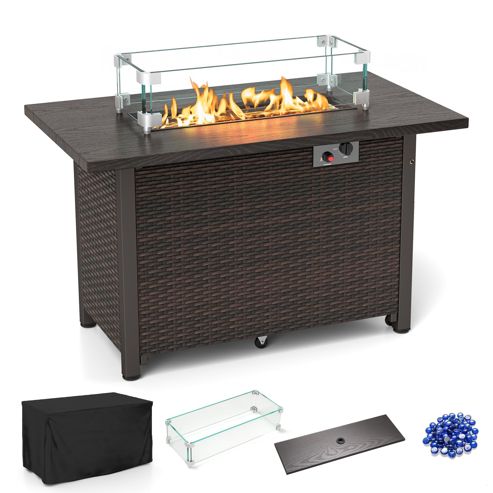Tangkula Outdoor Propane Fire Pit Table, 42 Inch Rectangular Rattan Fire Table with Wind Guard & Glass Rocks