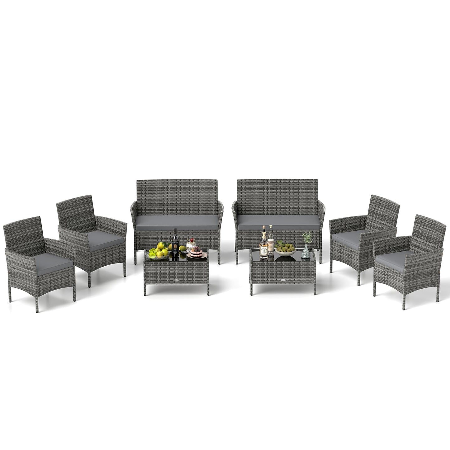 Tangkula 4/8 Piece Patio Rattan Conversation Set, Outdoor Wicker Furniture Set with Chair, Loveseat & Tempered Glass Table