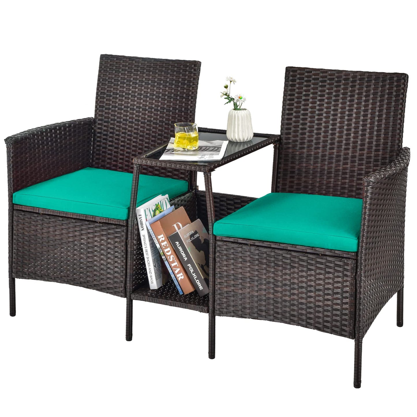 PE Wicker Outdoor Furniture Set, 2 Cushioned Seats and Tempered Glass Table