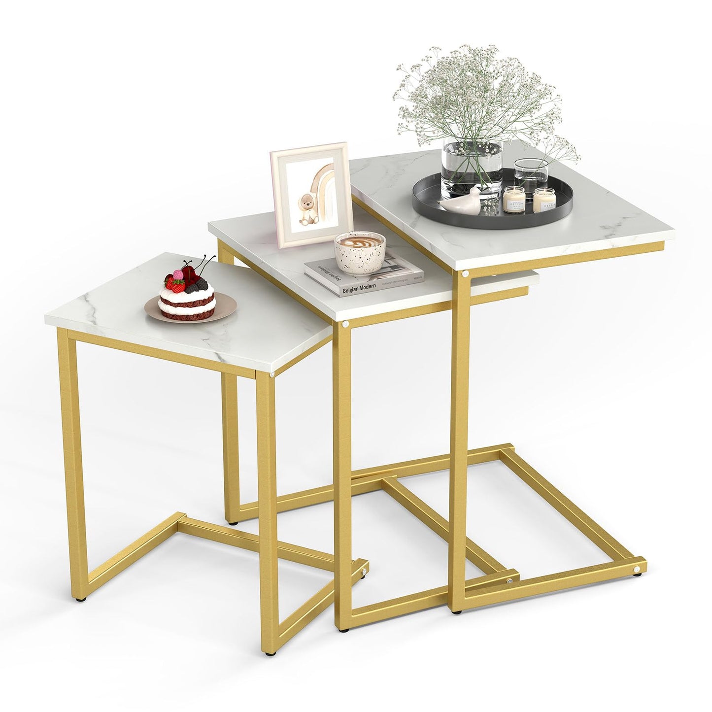 Tangkula Nesting Table Set of 3 Rectangle Stacking Side End Table with Wood Top & Metal Legs