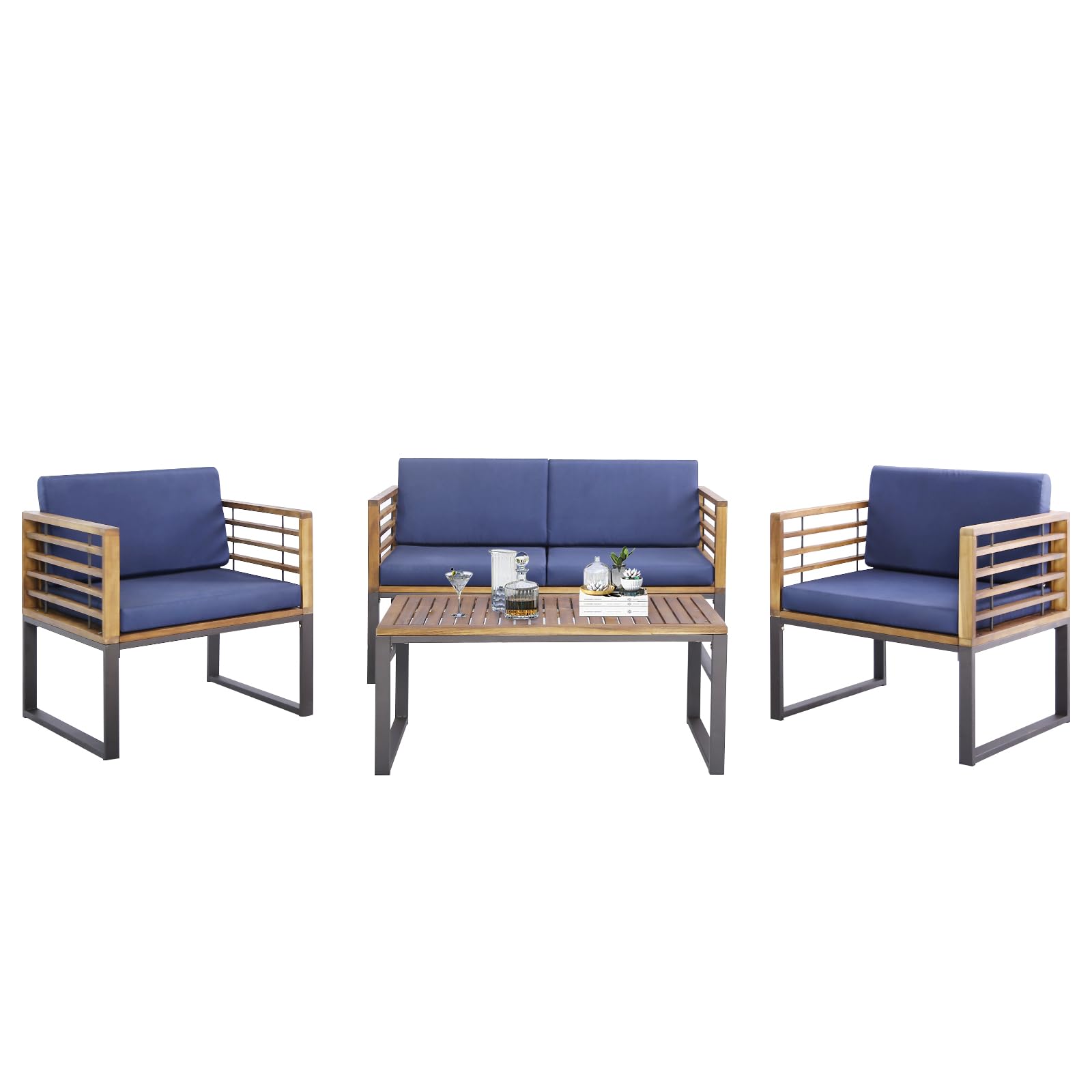 Tangkula 4 Piece Patio Chair Set, Acacia Wood Chair Set w/ 2 Chairs, 1 Loveseat & 1 Coffee Table