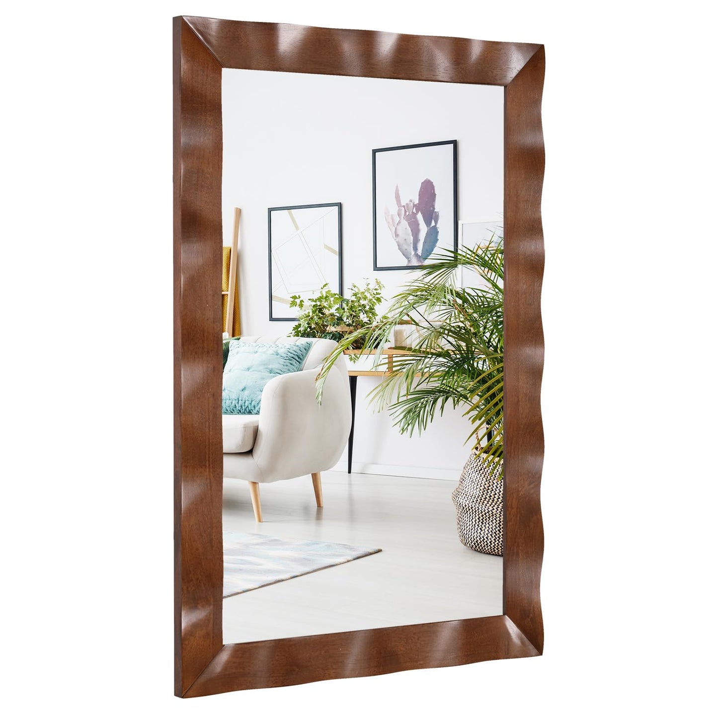 Tangkula 41.5" x 28" Farmhouse Wall Mirror, Rubber Wood Rustic Style Wall Mirror