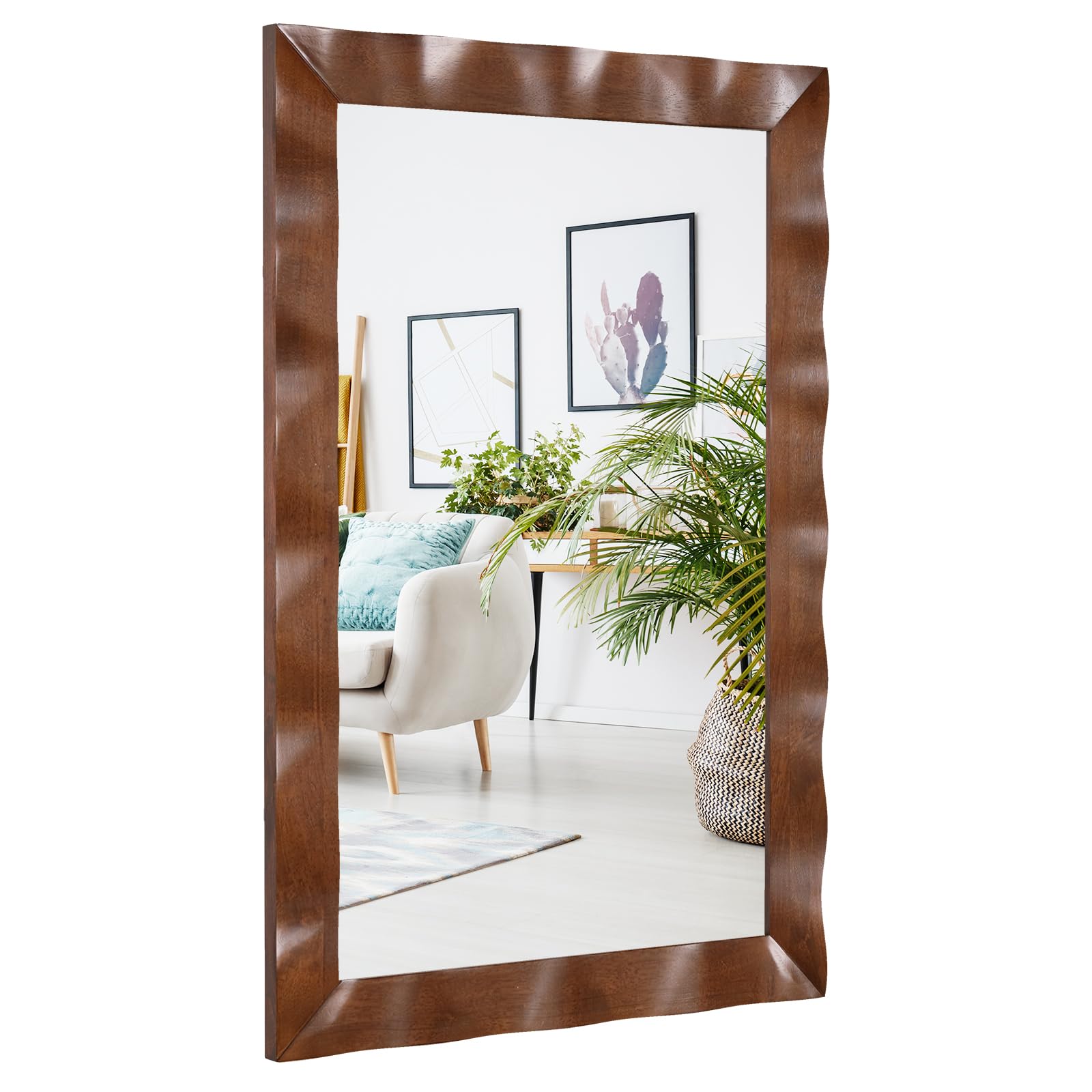 Tangkula 41.5" x 28" Farmhouse Wall Mirror, Rubber Wood Rustic Style Wall Mirror