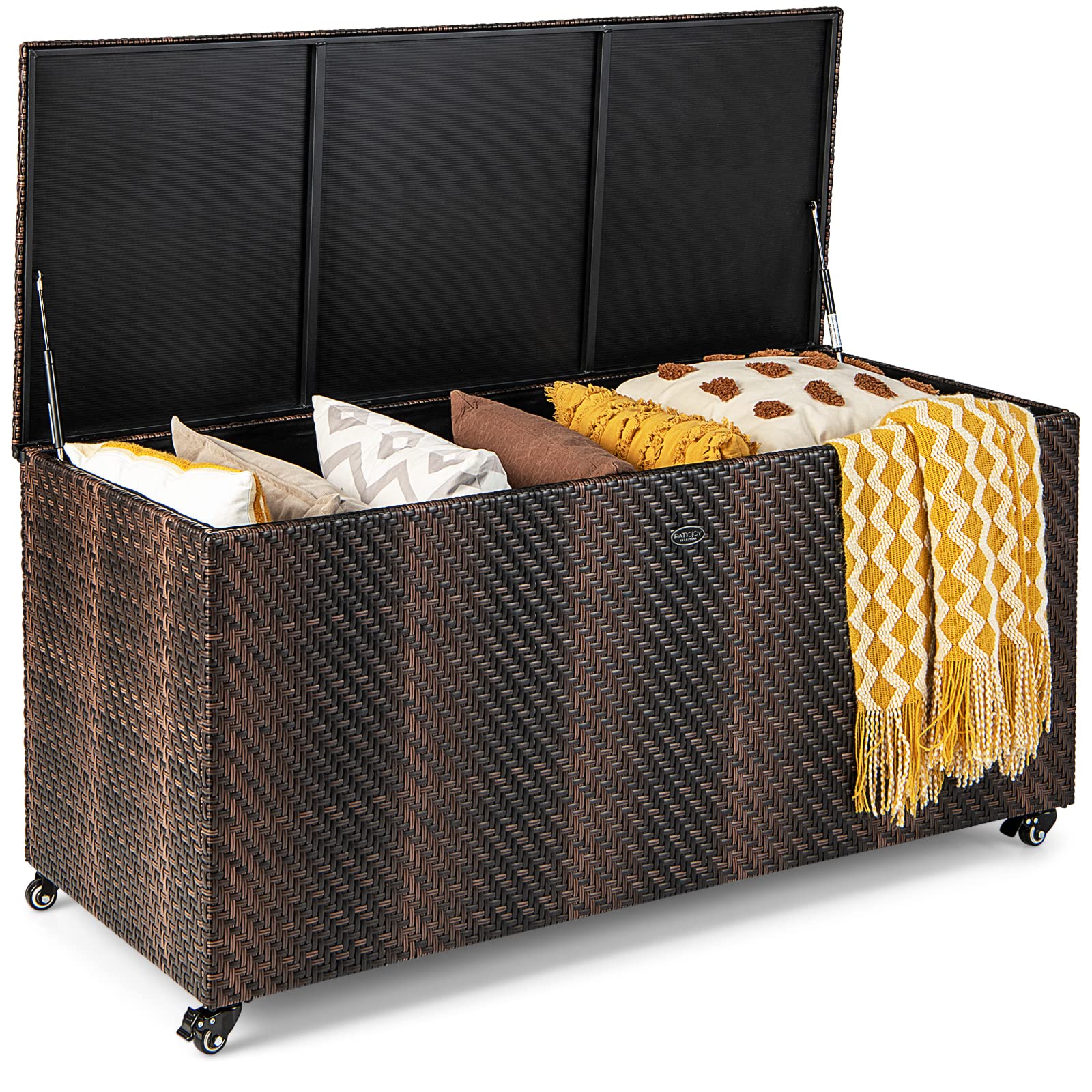 Tangkula 96 Gallon Deck Box, PE Wicker Outdoor Storage Box with 4 Wheels and Waterproof Zippered Liner