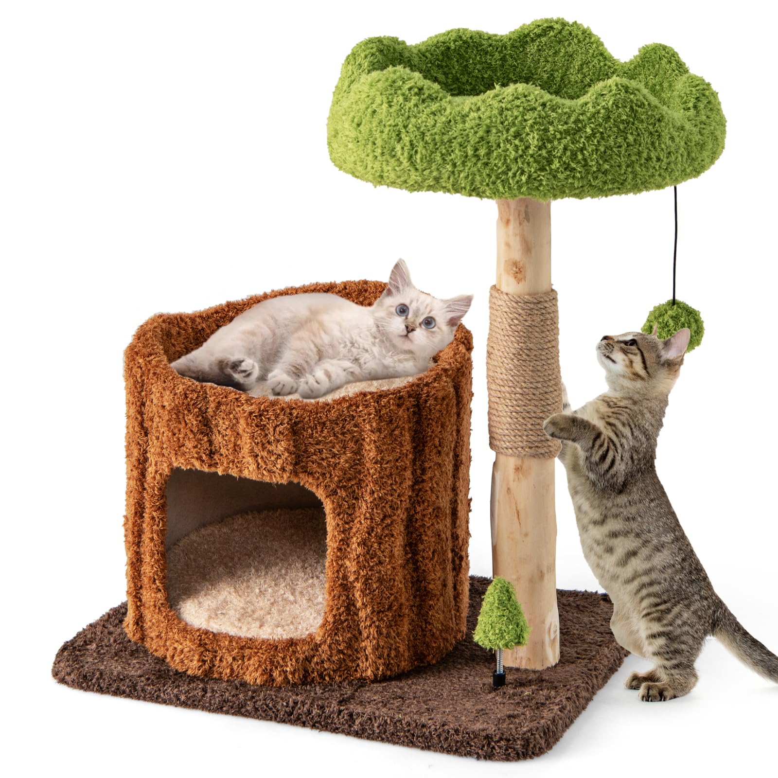 Tangkula Solid Wood Cat Tree with Jute Scratching Post & Mat