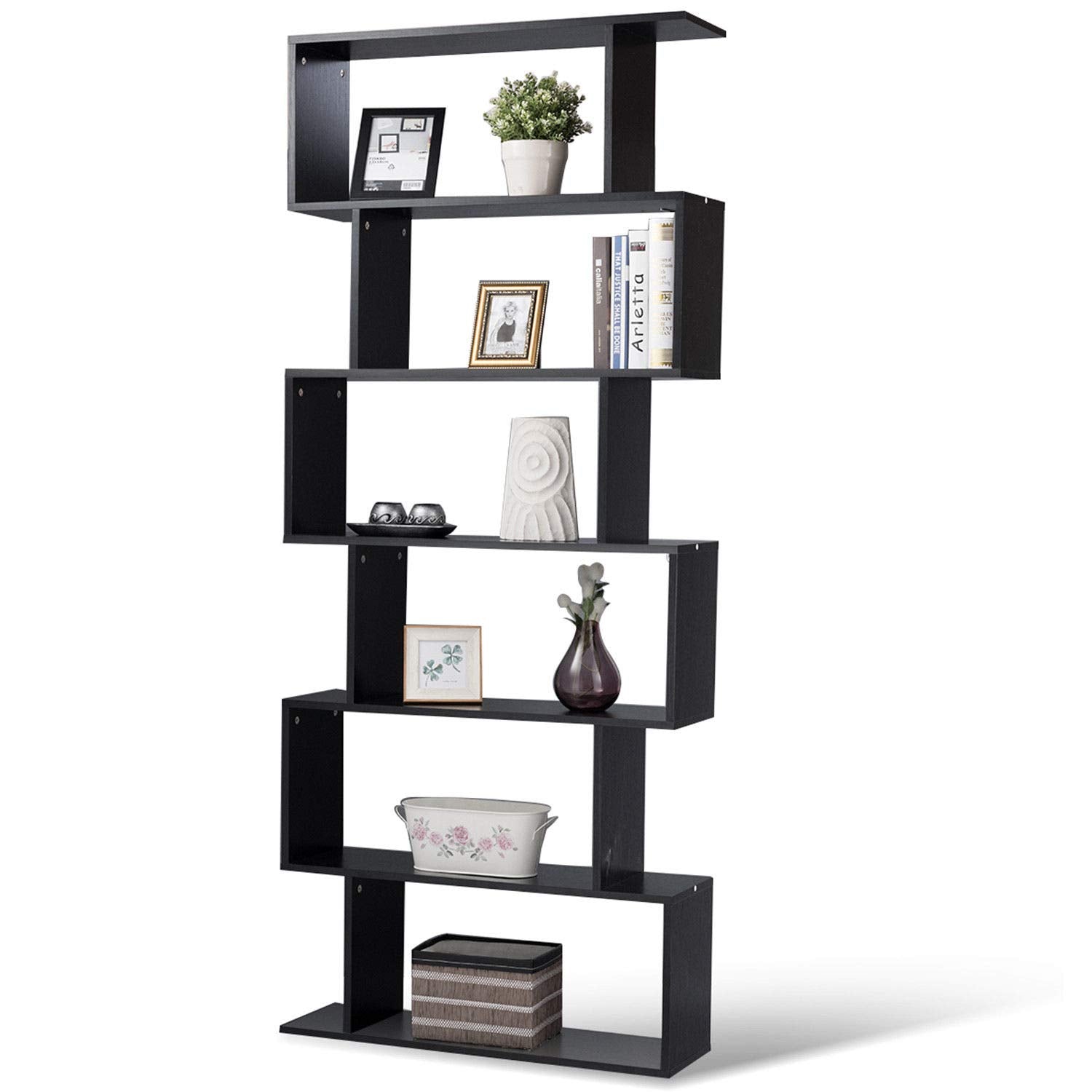 6 Shelf Bookcase, Modern S-Shaped Z-Shelf Style Bookshelf