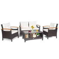4 Piece Patio Rattan Conversation Set, Outdoor Wicker Sofa Set W/2-Layer Coffee Table