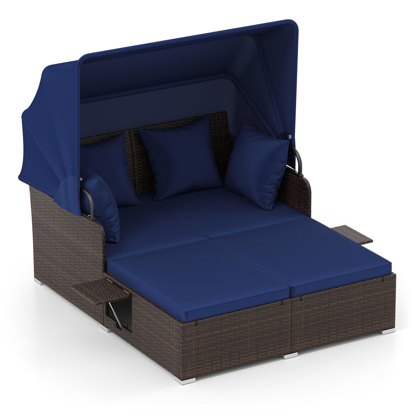 Tangkula Outdoor Wicker Sunbed with 2 Foldable Side Tables Thick Seat & Back Cushions