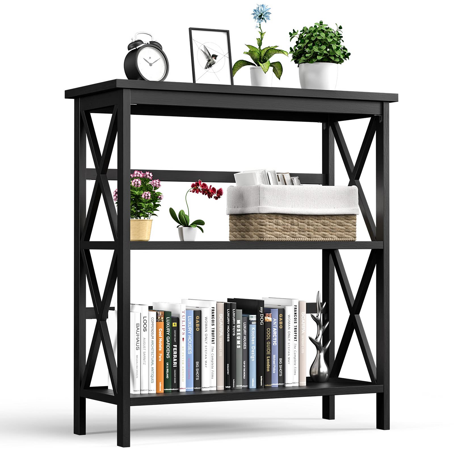 Tangkula 3-Tier Bookshelf, Vintage Wooden Bookcase with X-Style Frame