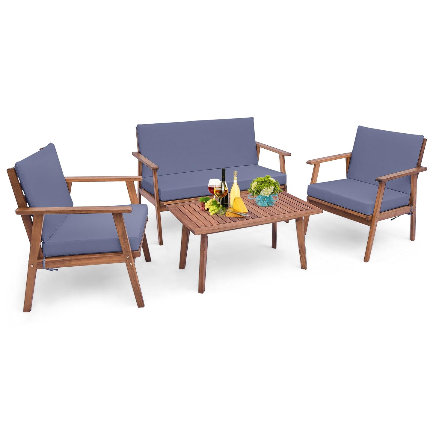 Tangkula 4 Piece Outdoor Conversation Set, Acacia Wood Sofa Set with Soft Seat & Back Cushions