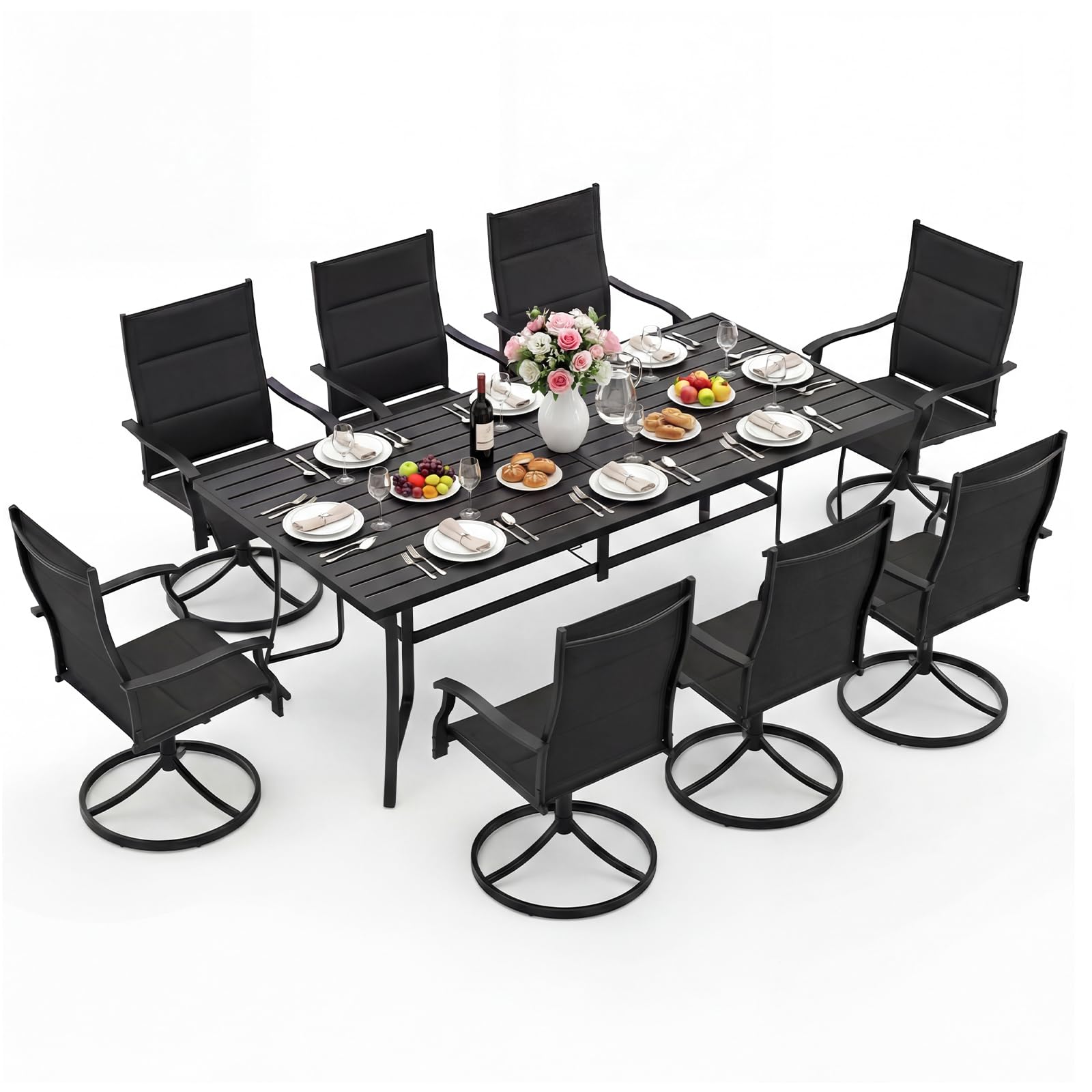 Tangkula 76” Rectangular Patio Table with Umbrella Hole and 8 Swivel Chairs with Heavy-Duty Metal Frame