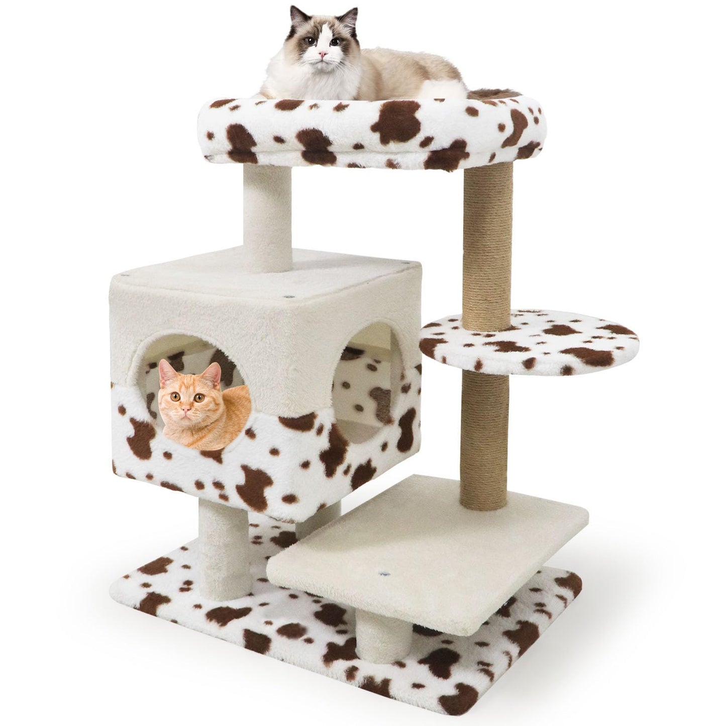 Tangkula Arbre à chat esthétique à imprimé vache de 76 cm avec condo à 2 portes et perchoir supérieur rembourré