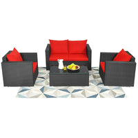 Patio Rattan Conversation Furniture Set, Outdoor Wicker Sofa Set with Padded Cushion & Tempered Glass Coffee Table