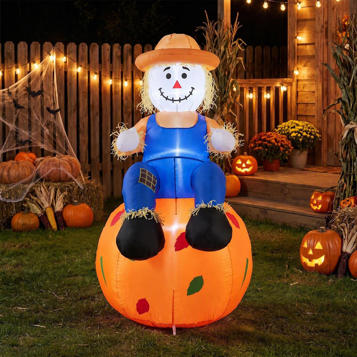 Tangkula 4 FT Fall Inflatable Decoration Scarecrow Sitting on Pumpkin
