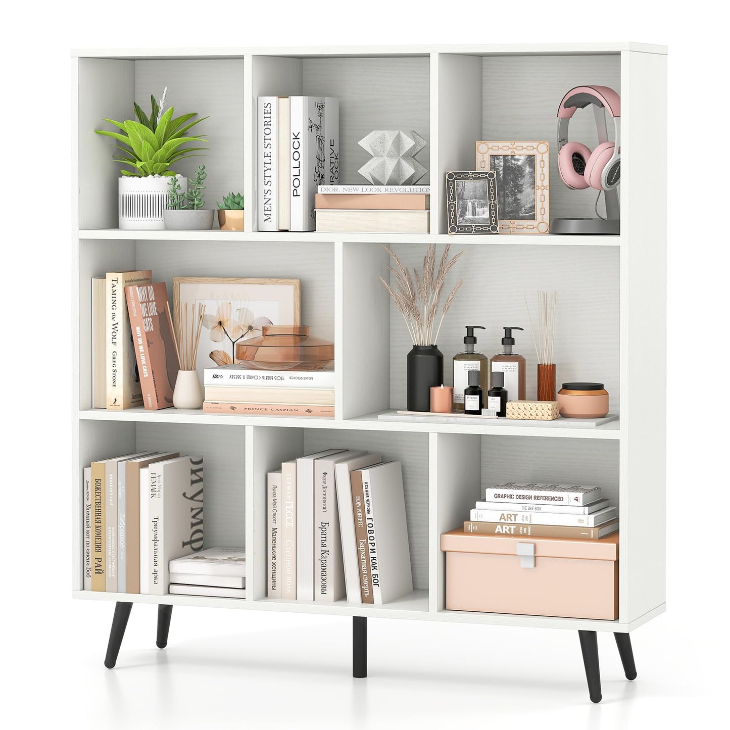 Tangkula 8-Cube Bookcase with 5 Tapered Metal Legs & 2 Anti-Tip Kit