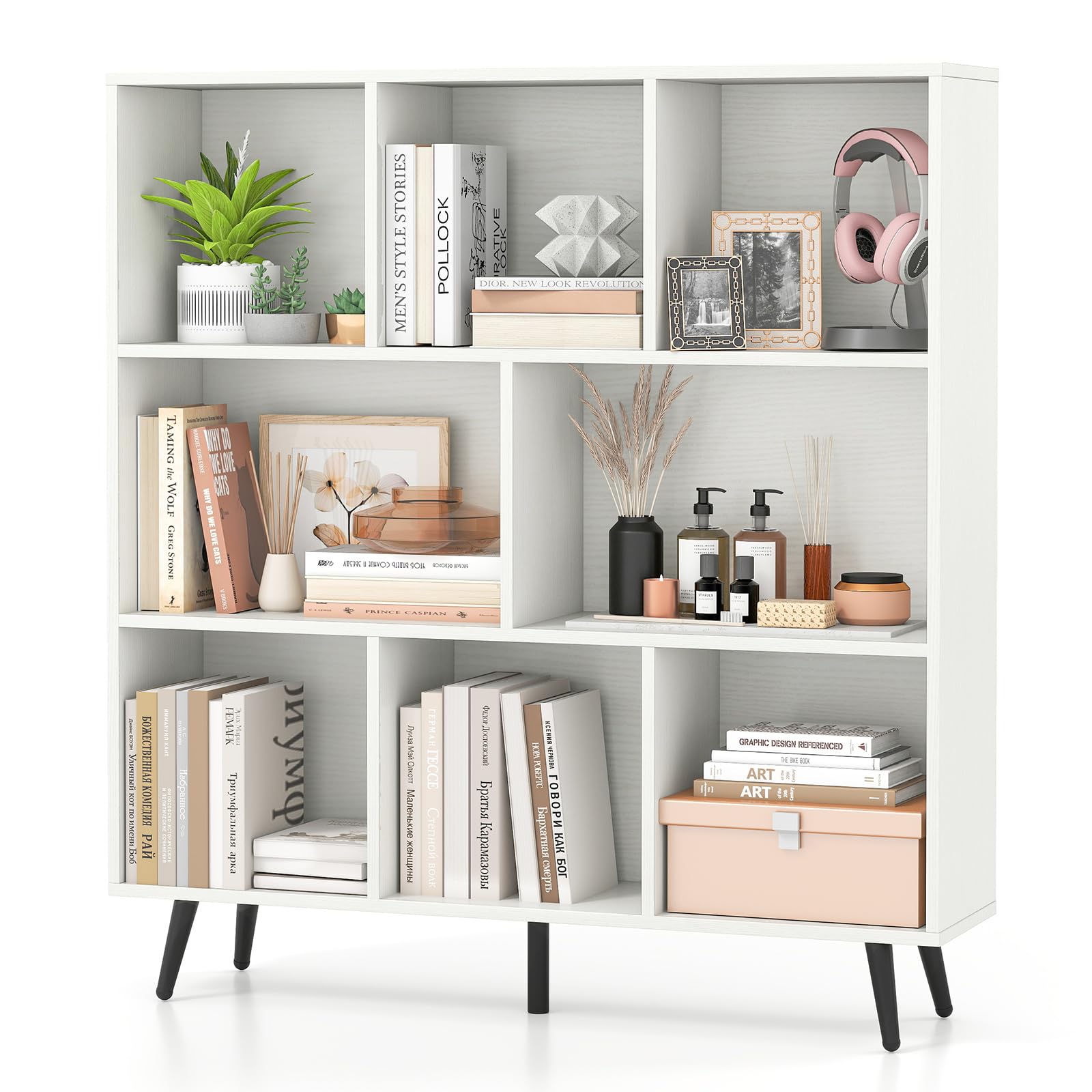 Tangkula 8-Cube Bookcase with 5 Tapered Metal Legs & 2 Anti-Tip Kit