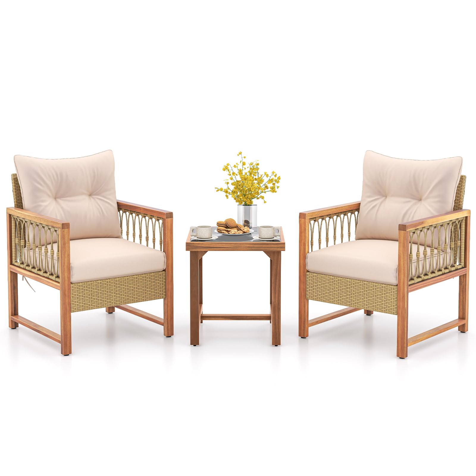 Tangkula 3 Pieces Patio Furniture Set, Outdoor PE Wicker Conversation Bistro Set with Acacia Wood Frame