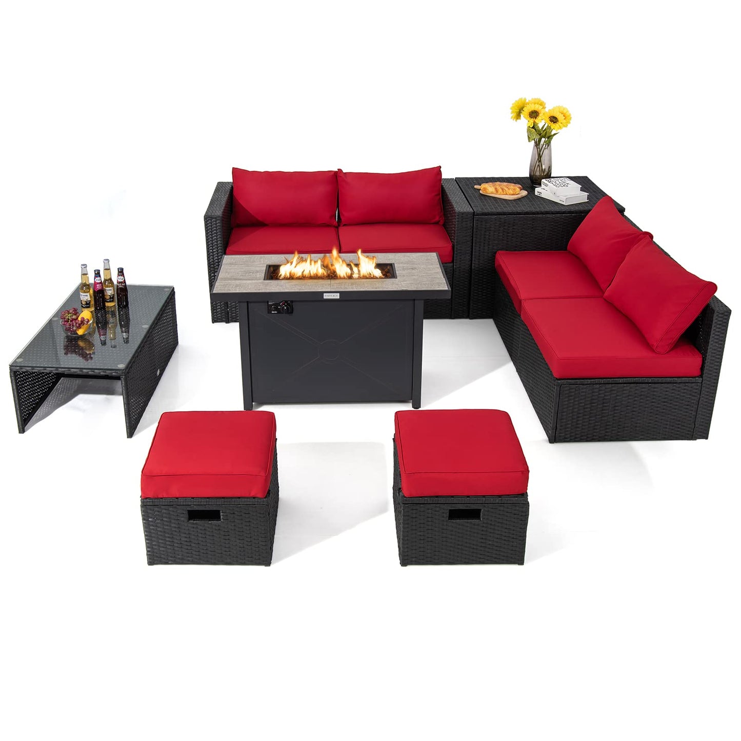 Tangkula 9 Pieces Outdoor Wicker Sectional Sofa with 42" 60,000 BTU Gas Fire Pit Table