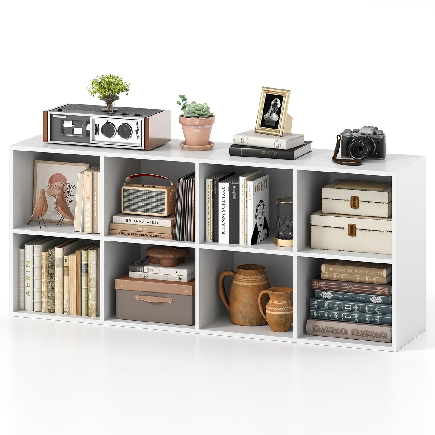 Grande bibliothèque horizontale sur pied Tangkula avec 8 étagères ouvertes et 2 kits anti-basculement