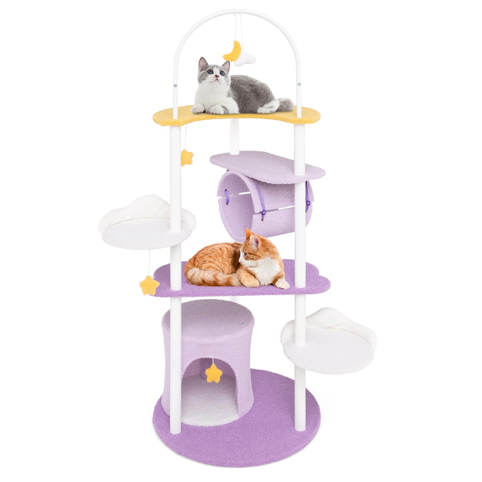 Tangkula Cute Cat Tree, 62 Inch Multi-Level Large Cat Tower with Metal Frame, Moon-Shaped Top Perch