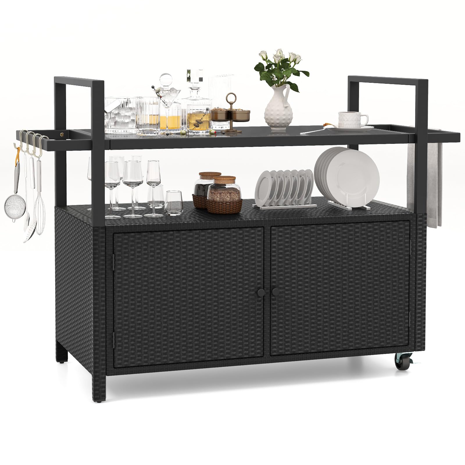 Tangkula Outdoor Bar Cart Patiojoy Rolling Wicker Buffet Serving Cart
