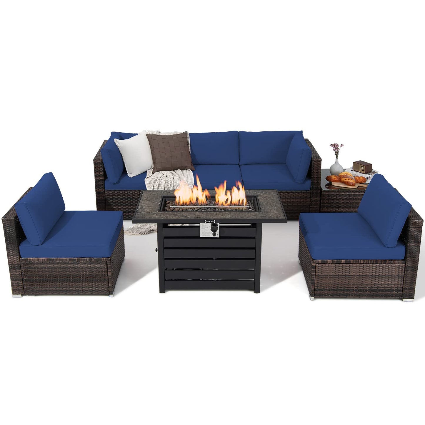 Tangkula 7 Piece Outdoor Patio Furniture Set with 42" Propane Fire Pit Table