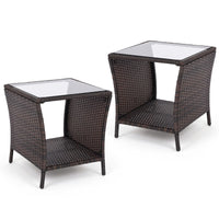 Tangkula Outdoor Wicker Side Table with Tempered Glass Top