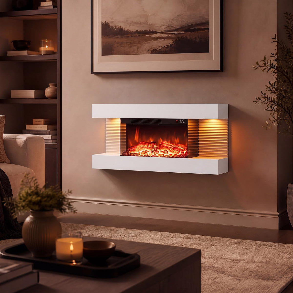 Tangkula 18"/26"/36"/46" 3-Sided WiFi Electric Fireplace with 32"/40"/50"/60" Floating Mantel
