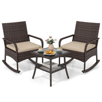 Tangkula 3-Piece Outdoor Wicker Rocking Bistro Set with 2-Tier Coffee Table