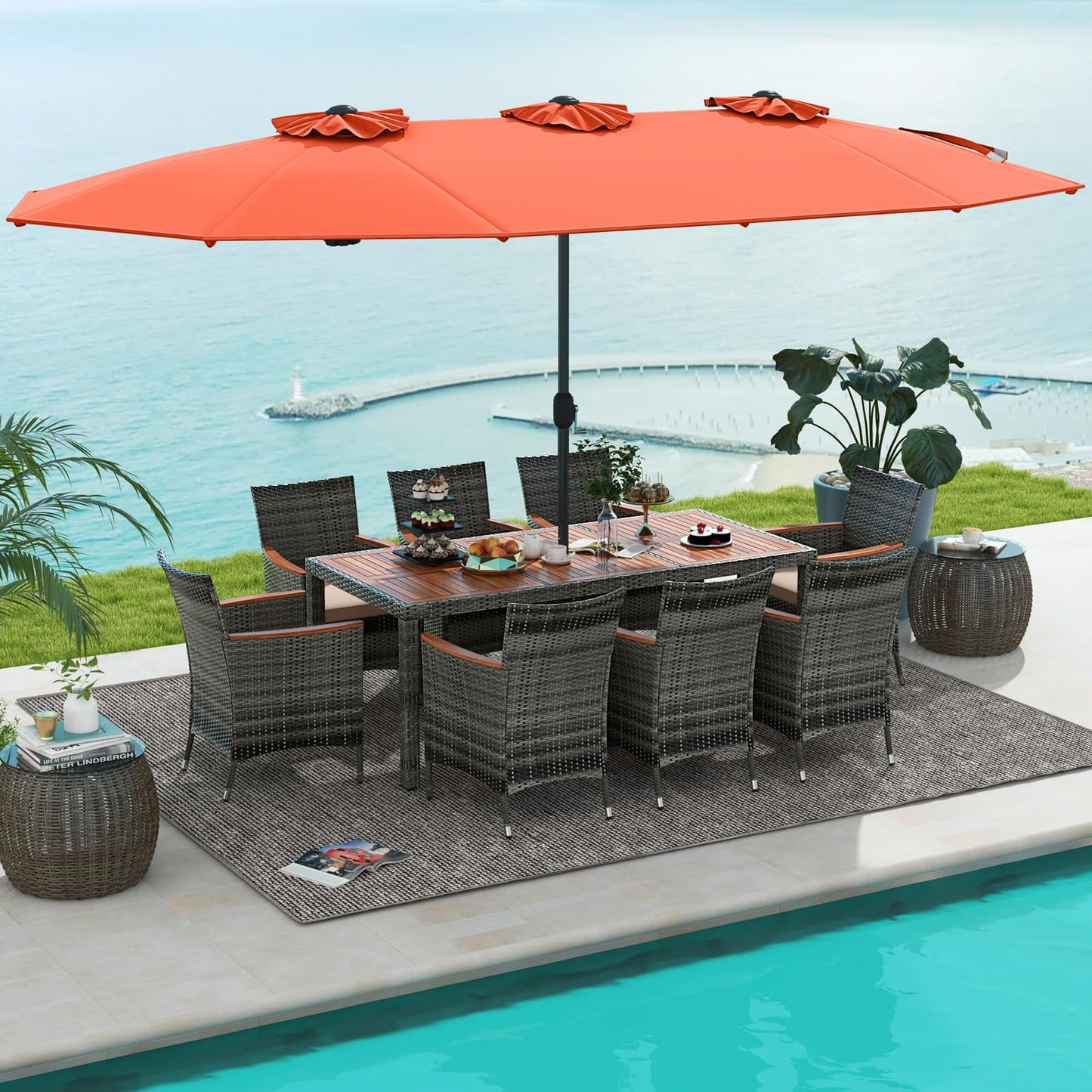 Tangkula 10 Piece Patio Rattan Dining Set with 15Ft Double-Sided Umbrella, Outdoor Acacia Wood Table and Wicker Chairs Set