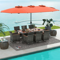 Tangkula 10 Piece Patio Rattan Dining Set with 15Ft Double-Sided Umbrella, Outdoor Acacia Wood Table and Wicker Chairs Set