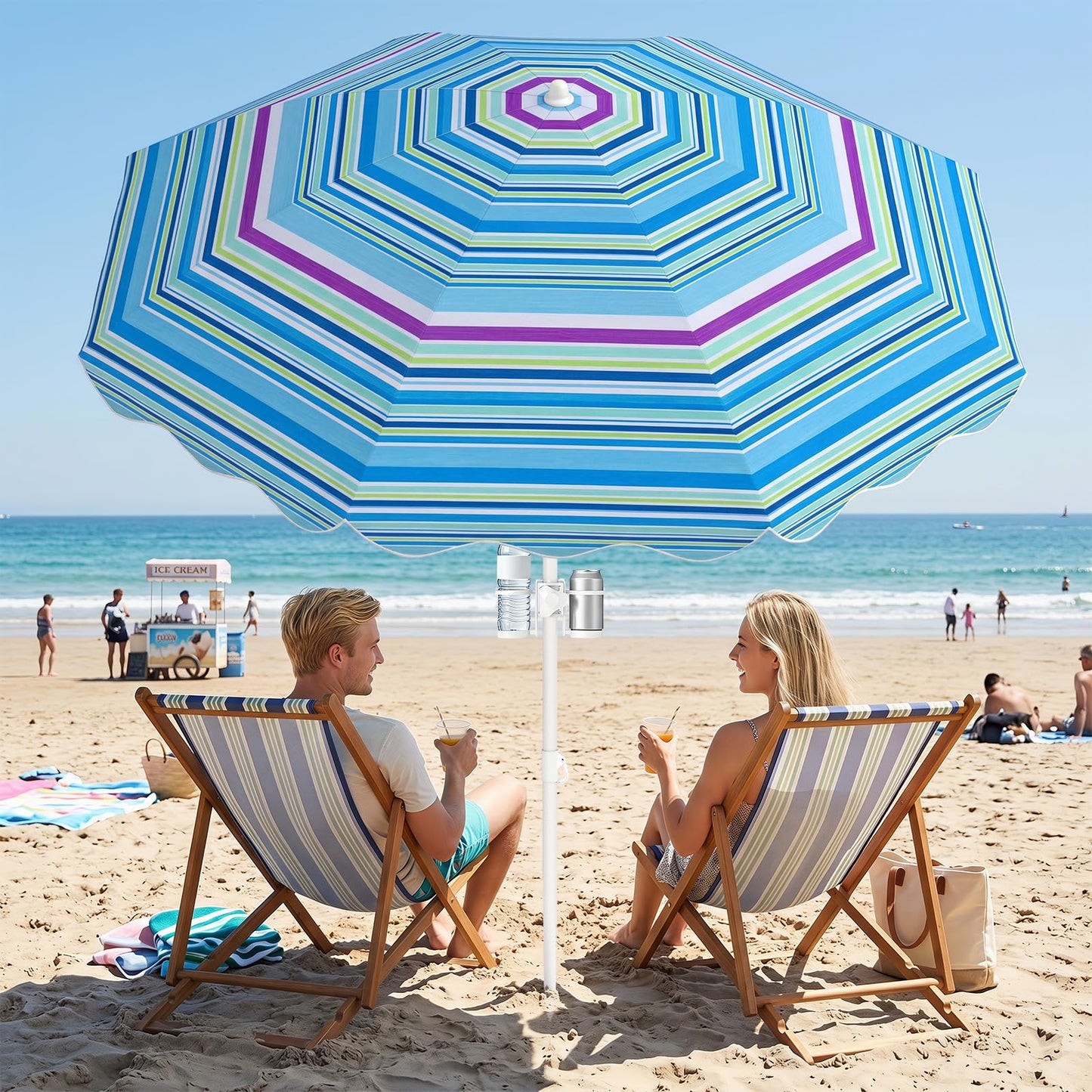 Tangkula 6.5 FT Scalloped Beach Umbrella with Cup Holders | UPF 50+