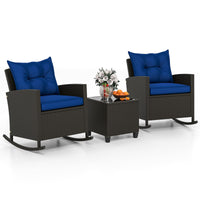 Tangkula 3 Piece Wicker Rocking Set, Patio Rattan Roker Chairs with Tempered Glass Table & Soft Cushions