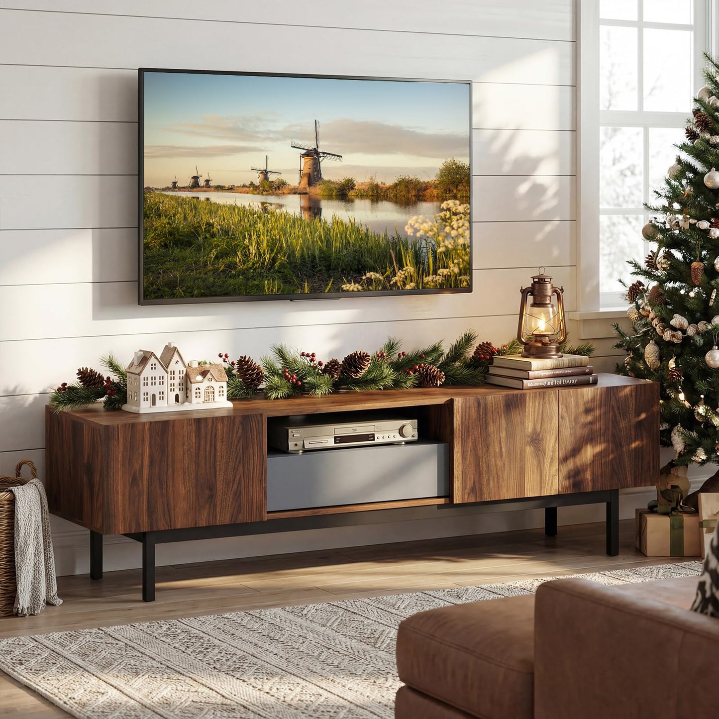 Meuble TV Tangkula moderne du milieu du siècle jusqu'à 80 pouces avec tiroir