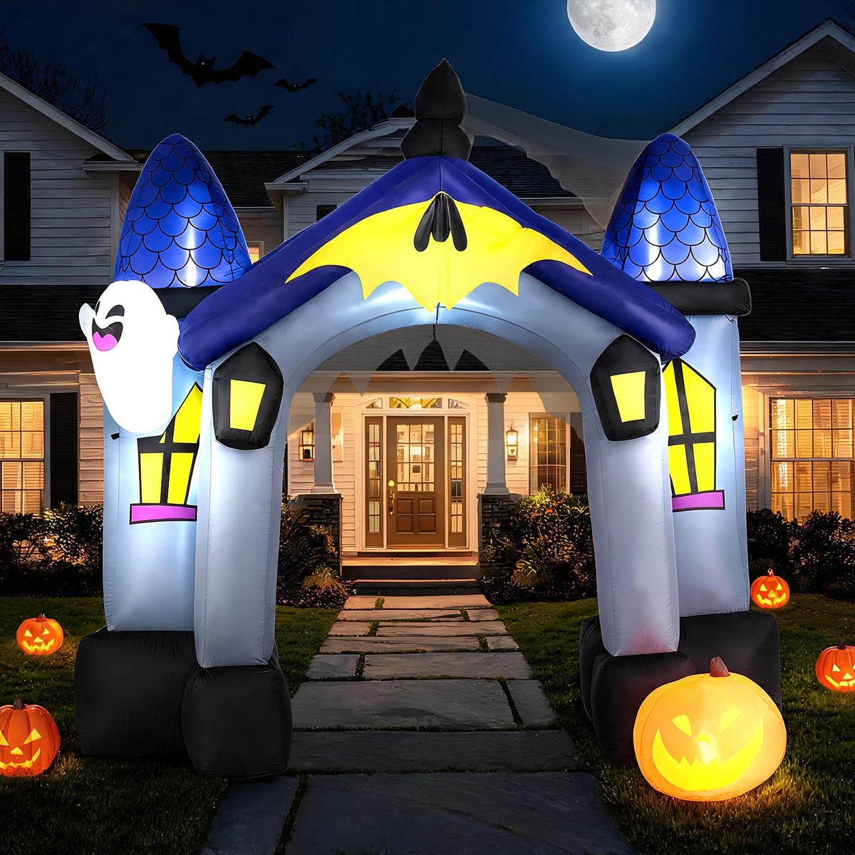 Tangkula 10 FT Halloween Lighted Inflatable Haunted House Castle Archway