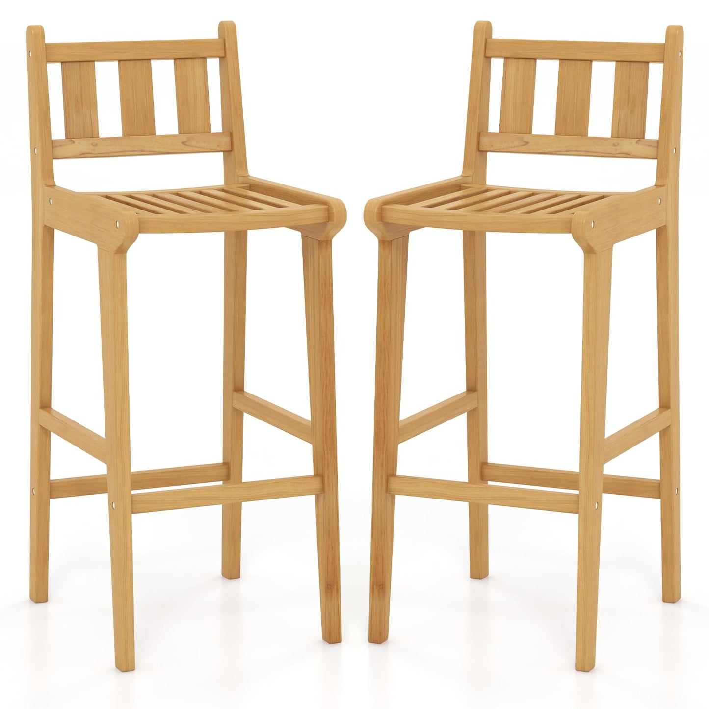 Tangkula Teak Wood Bar Stool, 30” Bar Chair with Footrest & Backrest