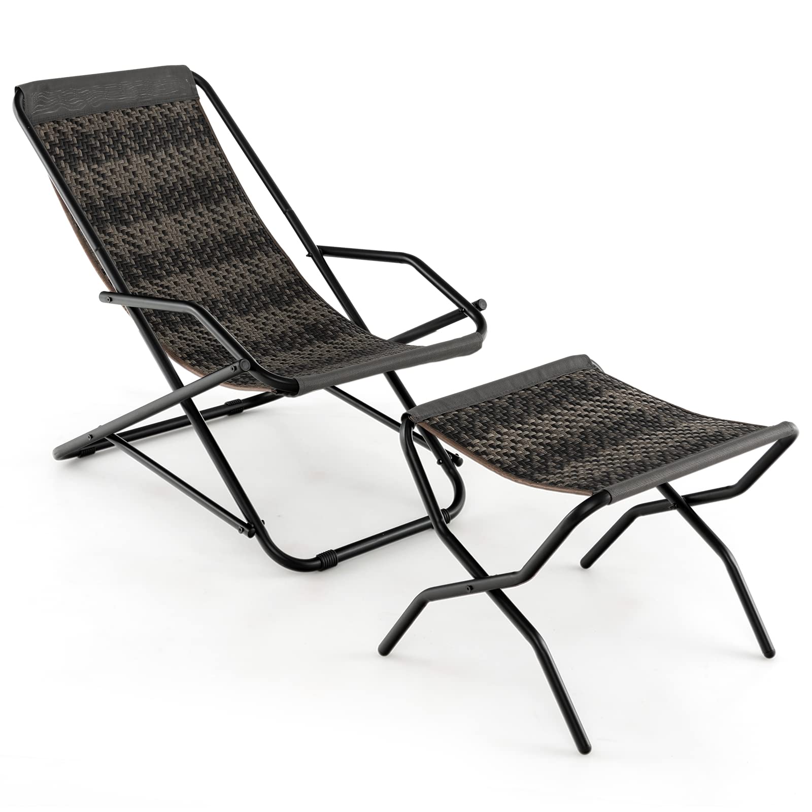 Tangkula Wicker Sling Chair Outdoor with Ottoman, Patio Deck Chair with Rattan Seat