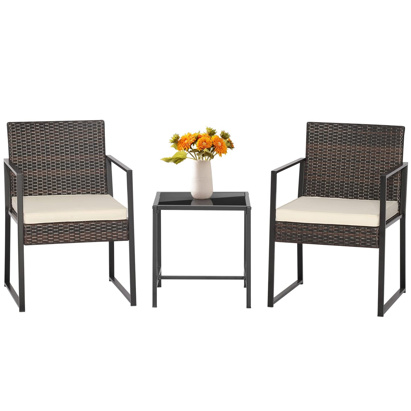 Tangkula 3 Piece Patio Furniture Set, Modern Heavy Duty All Weather Cushioned Wicker Chairs and Coffee Table Set