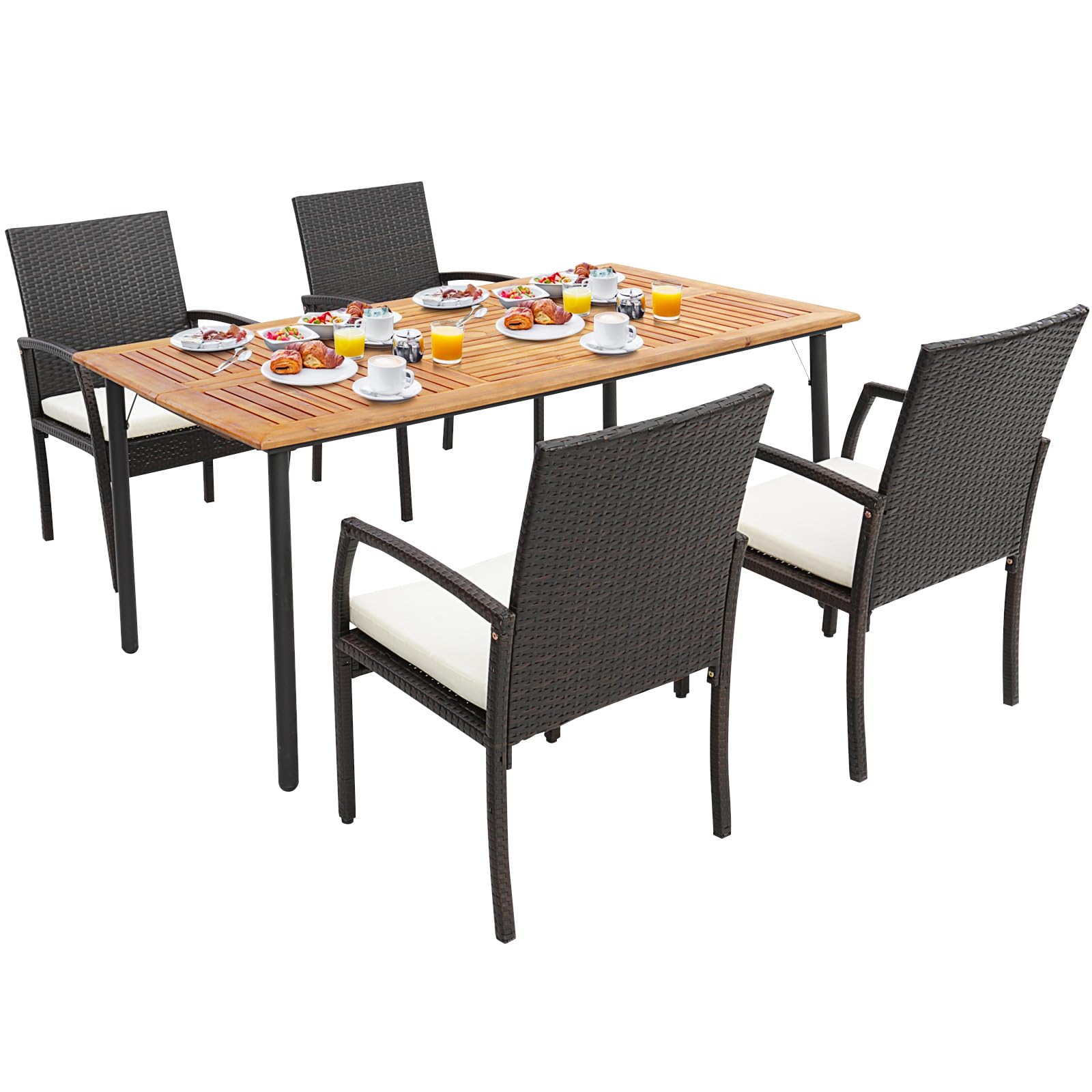Tangkula Outdoor Dining Set with Acacia Wood Table and Wicker Rattan Armrest Chairs