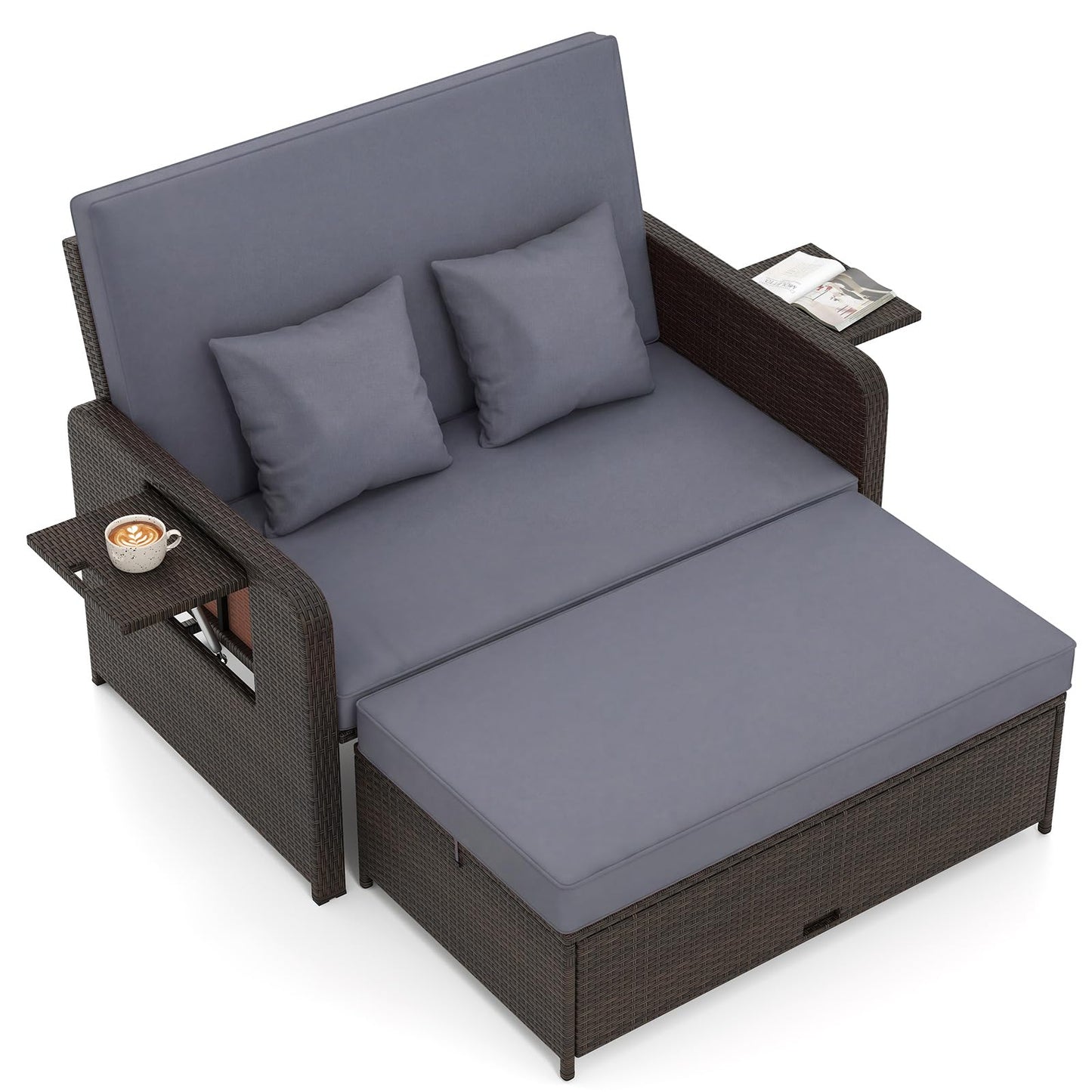 Outdoor PE Wicker Loveseat with Storage Ottoman & Folding Side Tray - Grey