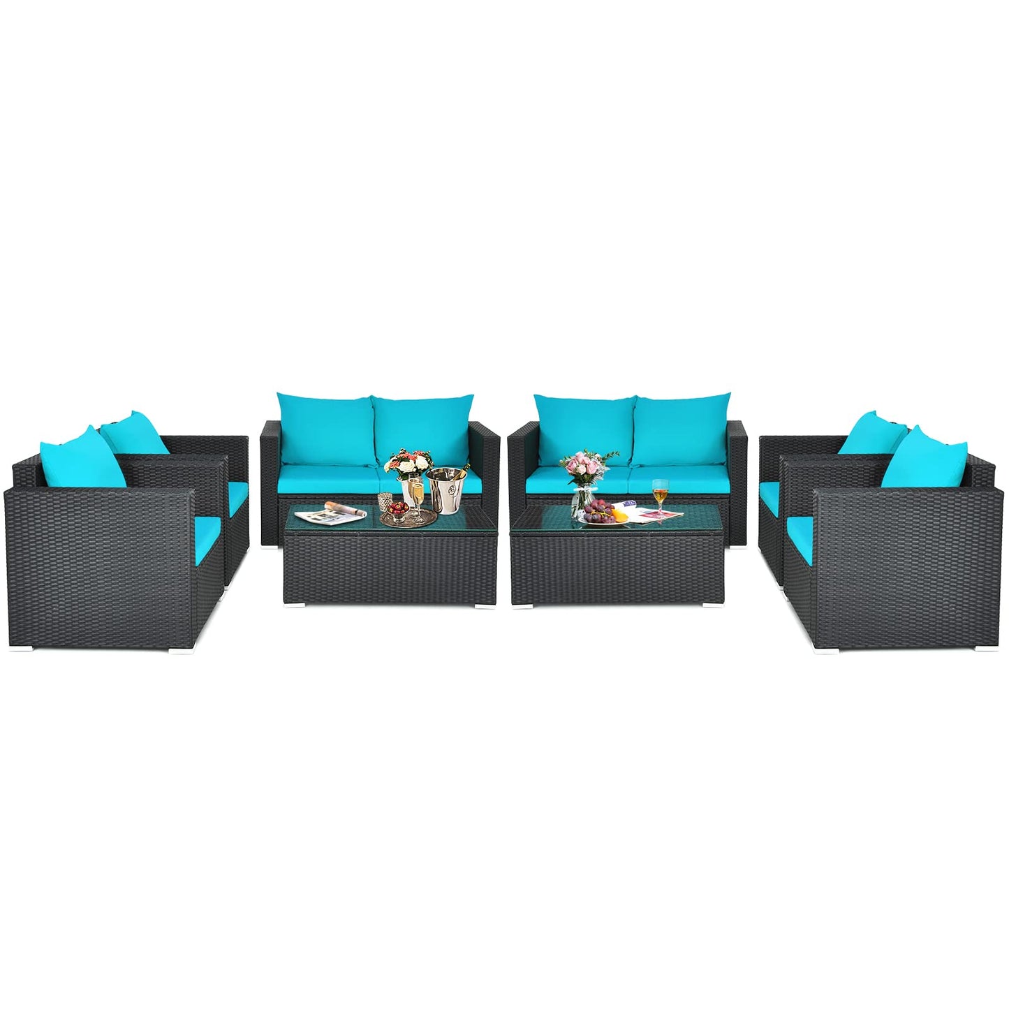 Patio Rattan Conversation Furniture Set, Outdoor Wicker Sofa Set with Padded Cushion & Tempered Glass Coffee Table