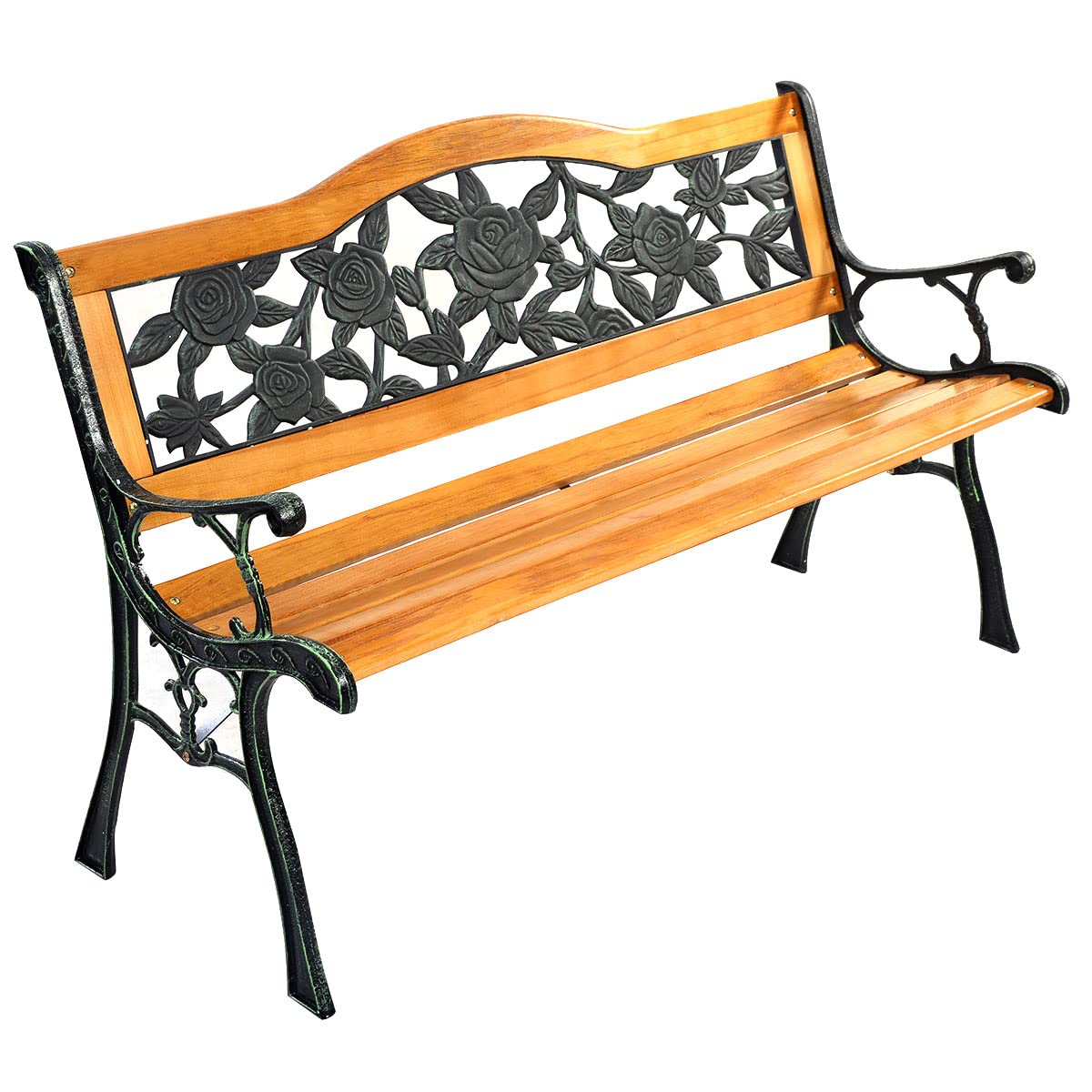 Tangkula Outdoor Garden Bench Park Bench, Patio Bench Chair with Cast Iron & Hardwood Structure