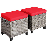 2 Pieces Patio Rattan Ottomans, Outdoor Wicker Footstool Footrest Seat with Soft Cushions and Steel Frame