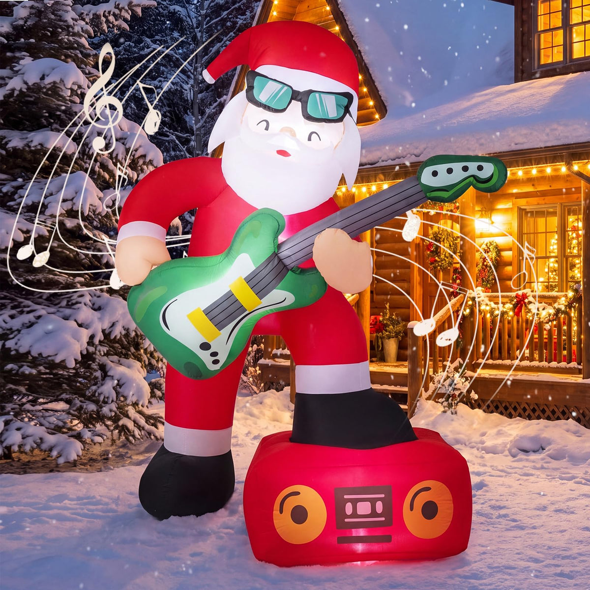 Tangkula 8 FT Christmas Inflatable Santa Claus Plays Guitar Decoration