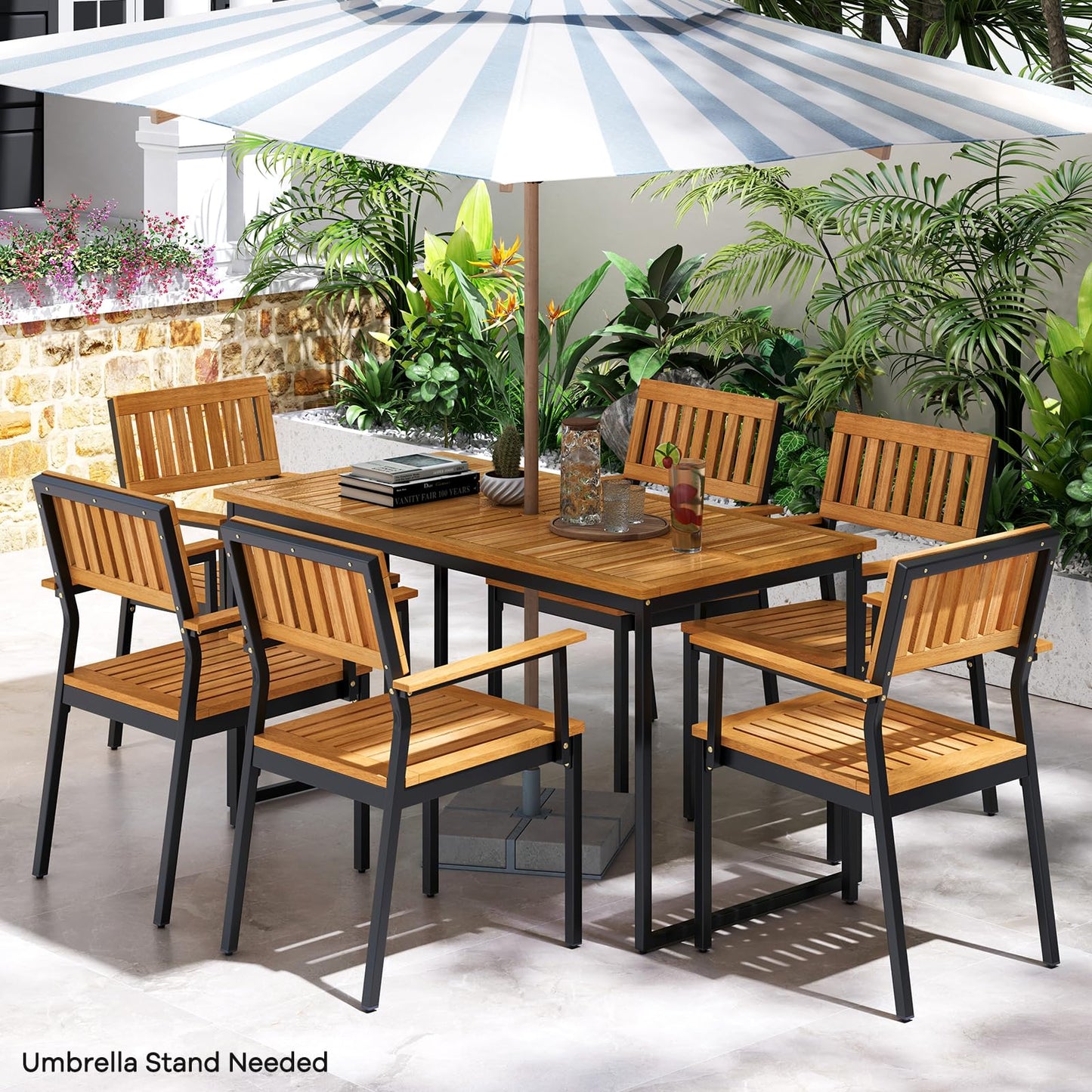 Tangkula 7 Piece Outdoor Dining Set for 6, Acacia Wood Rectangular Dining Table & 6 Armchairs w/Metal Frame