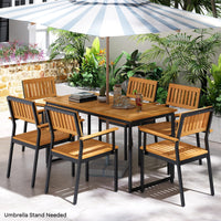 Tangkula 7 Piece Outdoor Dining Set for 6, Acacia Wood Rectangular Dining Table & 6 Armchairs w/Metal Frame
