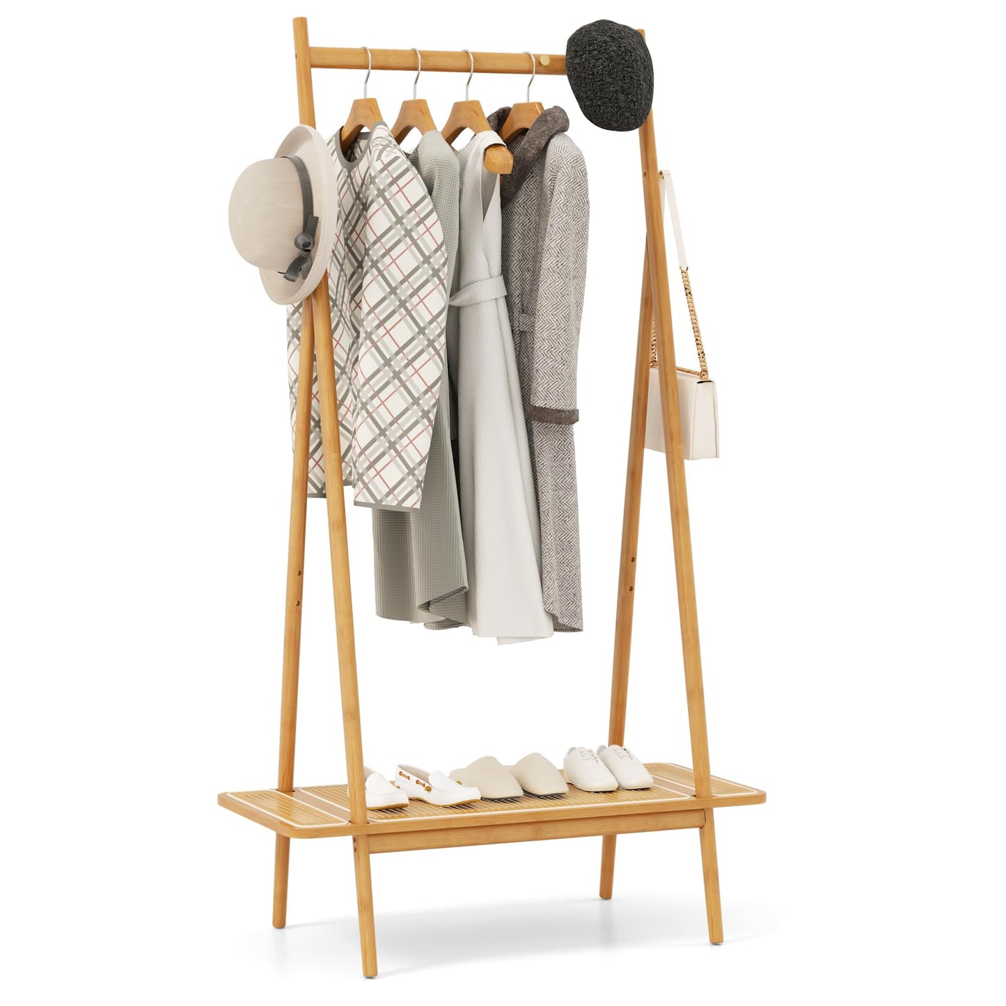 Tangkula Bamboo Clothing Rack, 65.5” Clothes Rack with Top Hanging Rod