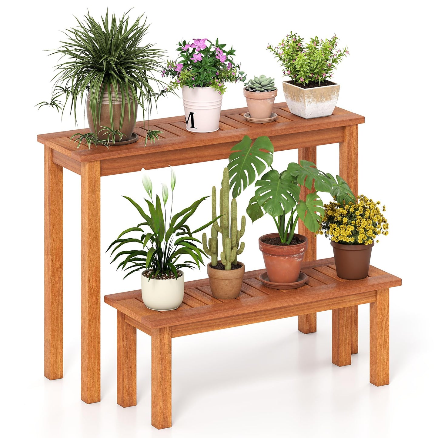 Tangkula Wooden Plant Stand Set of 2 for Patio Garden Entryway Front Porch