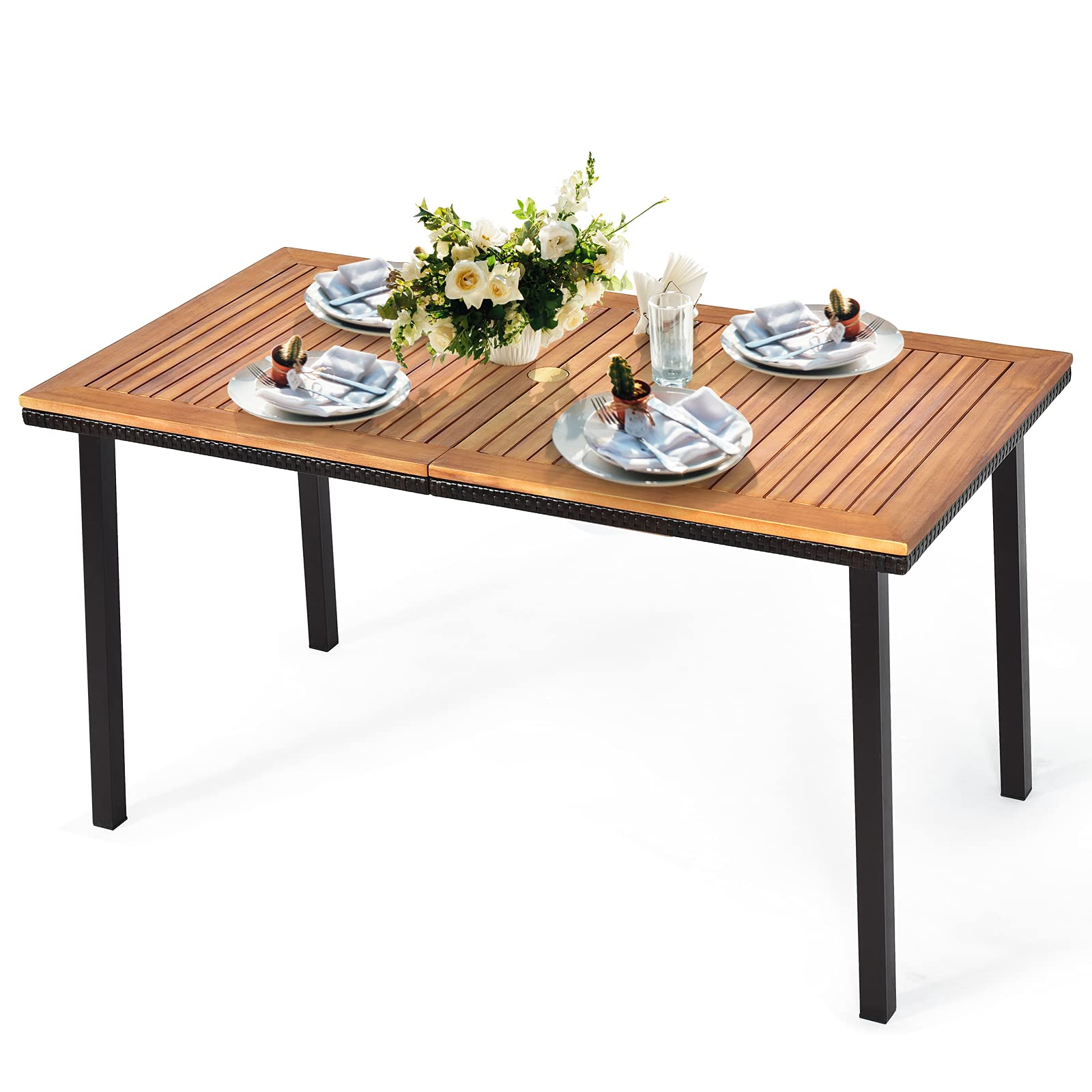 Tangkula Patio Acacia Dining Table, Outdoor Rectangle Dining Table with Acacia Wood Desktop